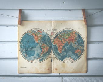 1916 Vintage World Hemispheres Map