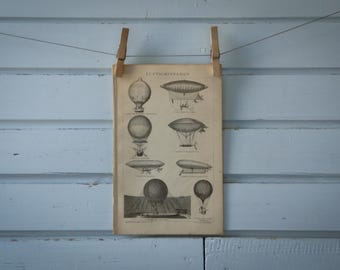 1887 Vintage Balloons & Dirigibles Lithograph Illustration