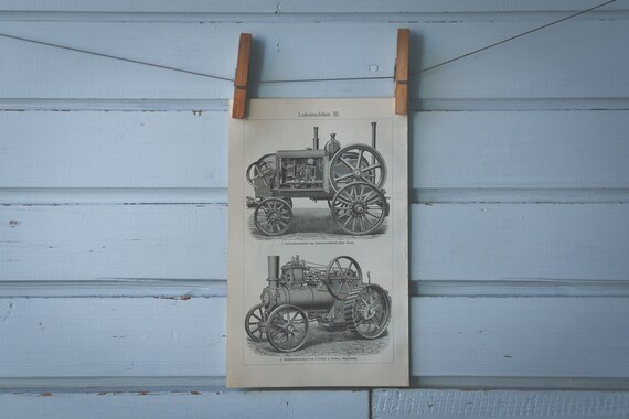 1907 Vintage Steam Tractor Lithograph Illustration