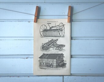 1907 Vintage Hay Harvest Machinery Lithograph Illustration