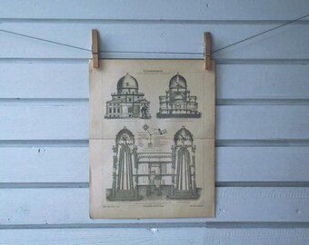 1890 Vintage Observatory Scheme Lithograph Illustration