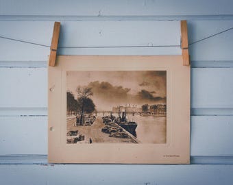 1910s Vintage Paris Port du Louvre Illustration