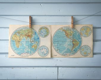 1951 Vintage World Hemispheres Map