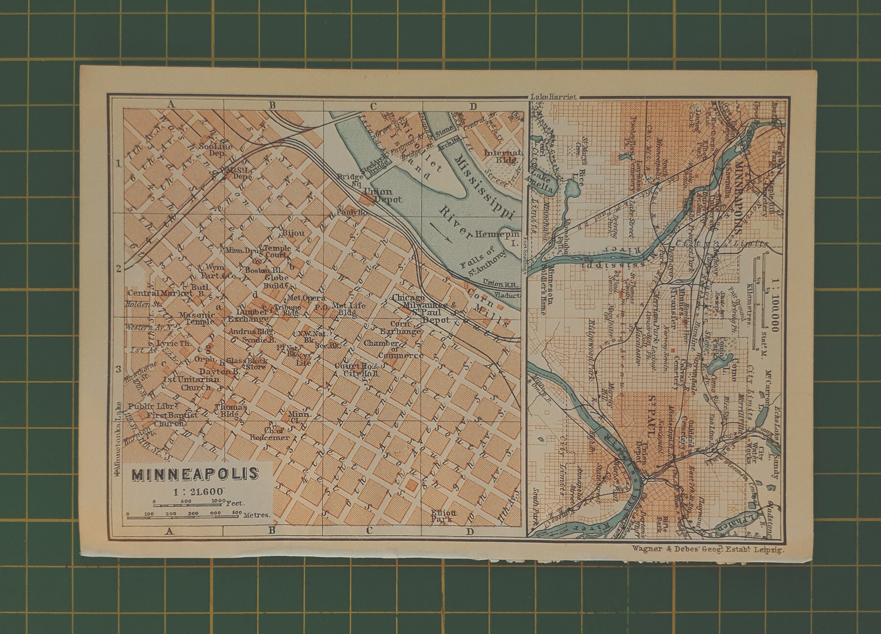 1899 Minneapolis, St Paul, Minnesota, United States, Antique Baedeker Map,  Print