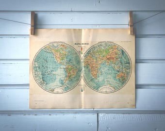 1937 Vintage World Hemispheres Map