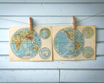 1951 Vintage World Hemispheres Map