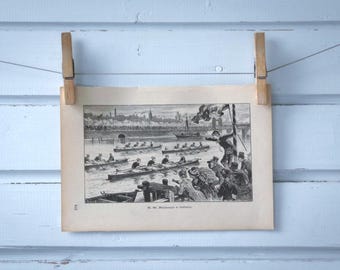 1890 Vintage Rowing Lithograph Illustration