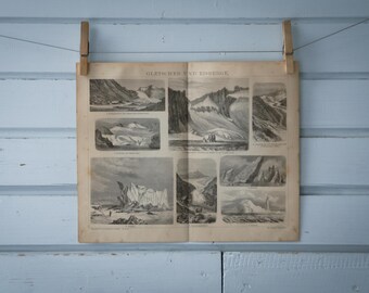 1887 Vintage Icebergs & Glaciers Lithograph Illustration