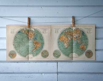 1894 Vintage World Hemispheres Map