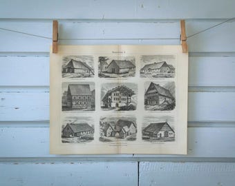 1907 Vintage Farmhouses Lithograph Illustration