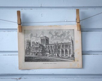 1890 Vintage York Minster Lithograph Illustration