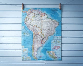 1960 Vintage National Geographic South America Map