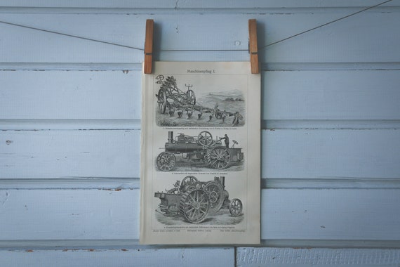 1907 Vintage Steam Tractor Lithograph Illustration