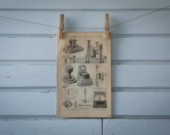 1887 Vintage Telegraph & Telephone Lithograph Illustration