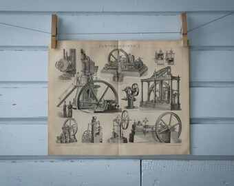 1887 Vintage Steam Engine Lithograph Illustration
