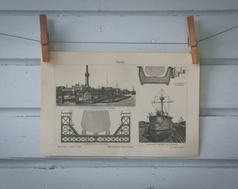 1907 Vintage Docks Lithograph Illustration