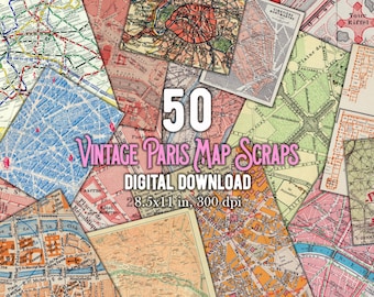 50 Vintage Paris Map Scraps for Travel Journals & Scrapbooking - Digital Download
