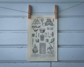 1907 Vintage Nordic Culture Lithograph Illustration
