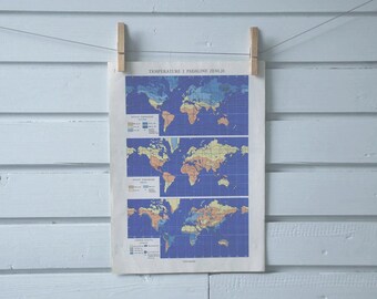 1977 Vintage World Rainfall & Temperature Map