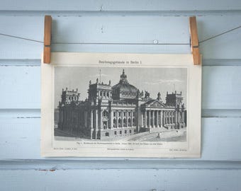 1907 Vintage Berlin Parliament Lithograph Illustration