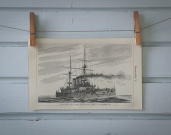 1907 Vintage Battleship Shikishima Lithograph Illustration