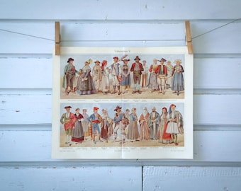 1907 Vintage Folk Costumes Chromolithograph Illustration