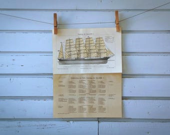 1907 Vintage Sailing Ship Lithograph Illustration