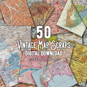 50 recortes de mapas antiguos para diarios de viaje y scrapbooking - Descarga digital