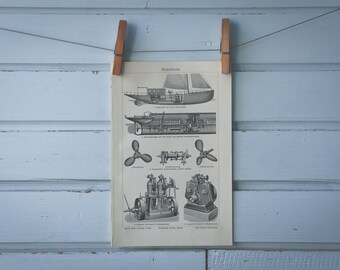 1907 Vintage Motor Ship Lithograph Illustration