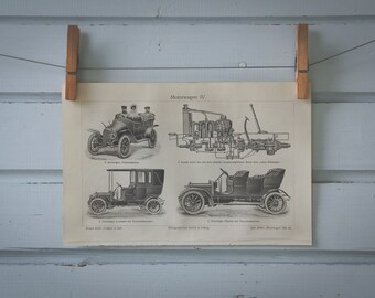 1907 Vintage Automobiles Lithograph Illustration