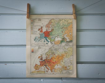1907 Vintage Languages & Population Density Map of Europe