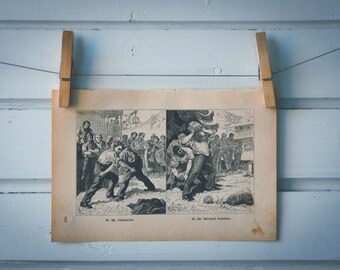 1890 Vintage Swiss Folk Games Lithograph Illustration