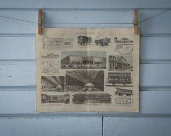 1887 Vintage Train Station Lithograph Illustration