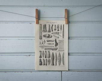 1907 Vintage Neolithic Tools Lithograph Illustration