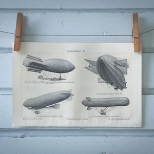 1907 Vintage Luftschiffe Lithograph Illustration