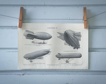 1907 Vintage Airships Lithograph Illustration