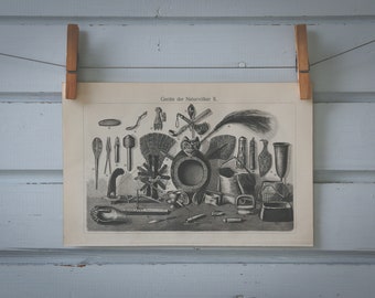 1907 Vintage Indigenous Tools Lithograph Illustration