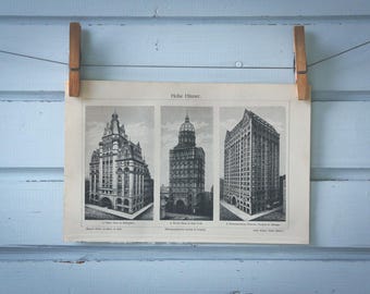 1907 Vintage USA High-rise Buildings Lithograph Illustration