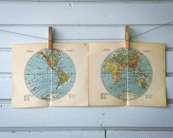 1932 Vintage World Hemispheres Map