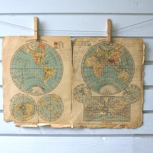 1930s Vintage World Hemispheres Map