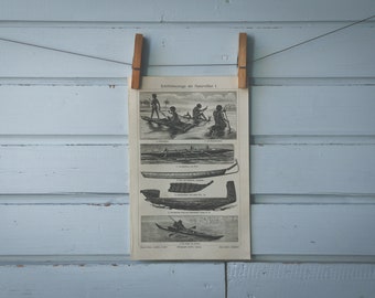 1907 Vintage Indigenous Boats Lithograph Illustration