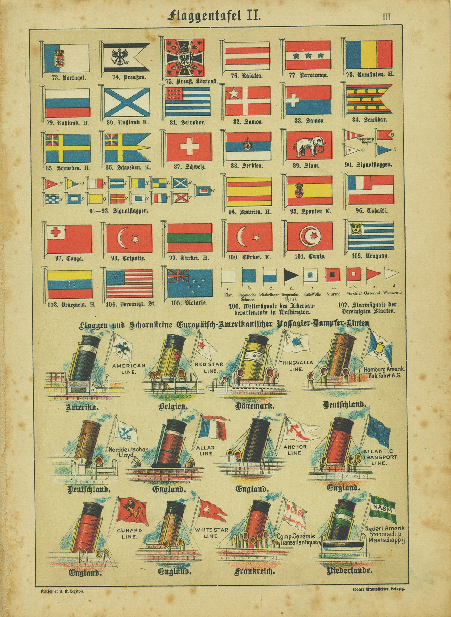 1895 Vintage Country & Shipping Company Flags Chromolithograph Illustration