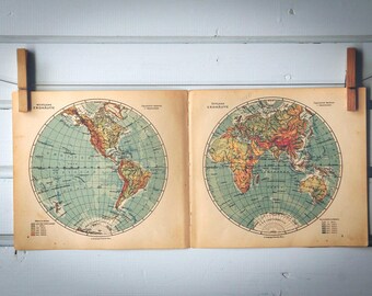 1929 Vintage World Hemispheres Map