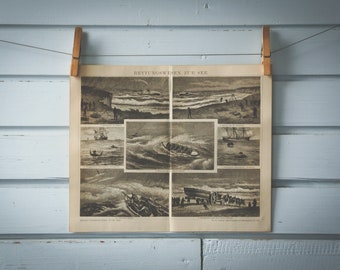 1887 Vintage Coastal Shipwreck Rescue Lithograph Illustration