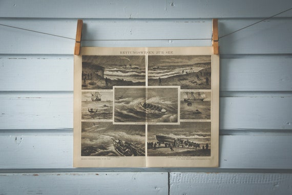 1887 Vintage Coastal Shipwreck Rescue Lithograph Illustration