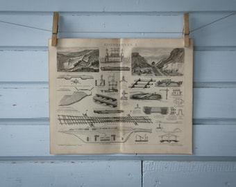 1887 Vintage Railway Construction Lithograph Illustration