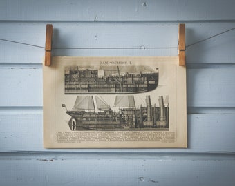 1887 Vintage Steamship Lithograph Illustration