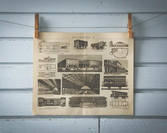 1887 Vintage Train Station Lithograph Illustration