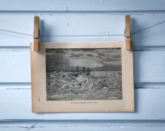 1888 Vintage Polar Icebound Ship Lithograph Illustration