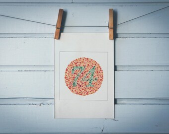 1986 Vintage Number 74 Ishihara Color Test Plate
